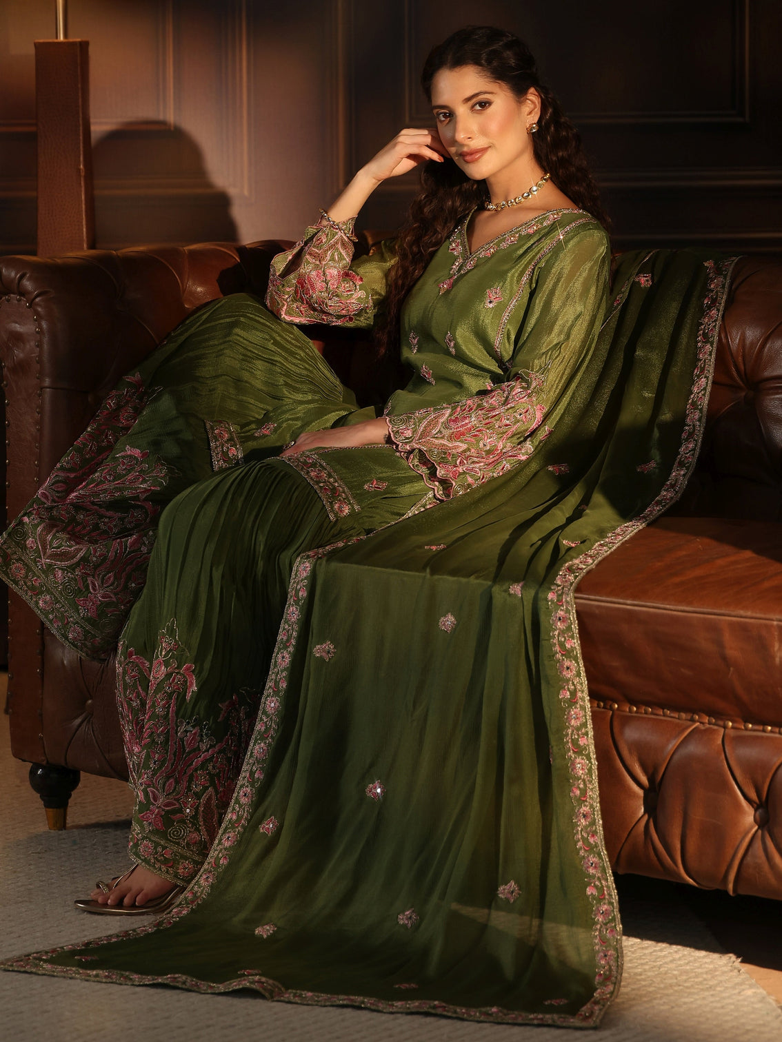 Mameraa Dark Green Embroidered Chinon Sharara Suit Set