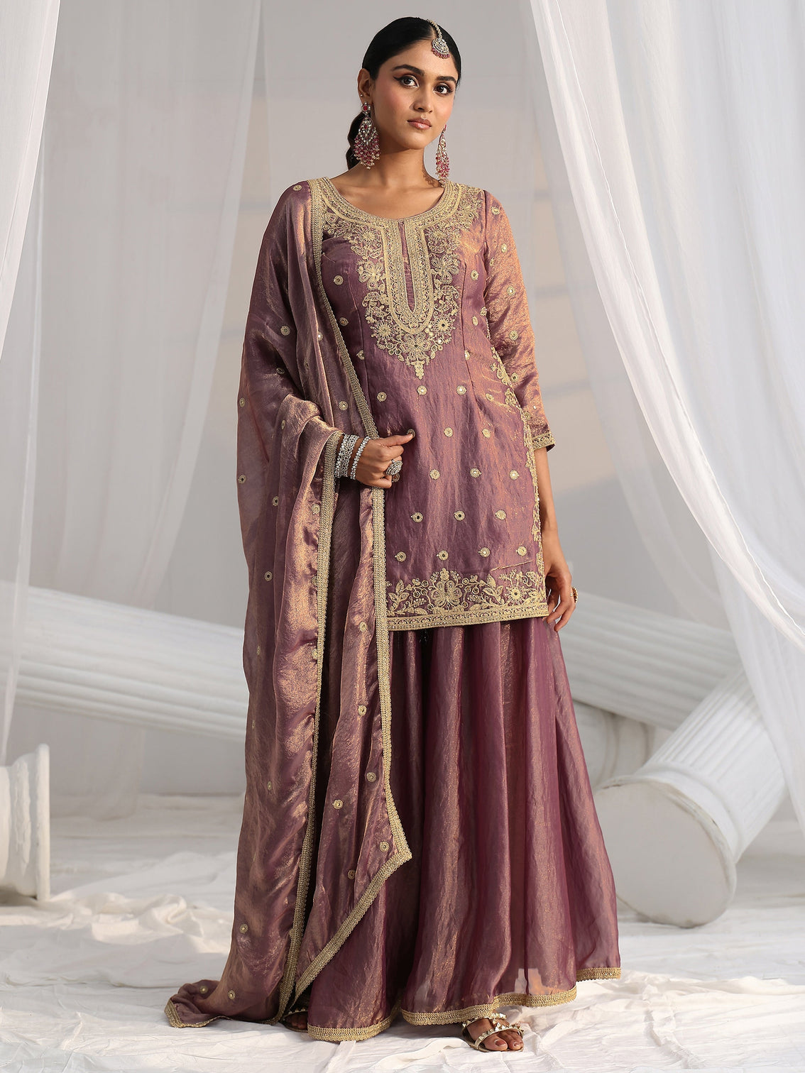 Mameraa Art Dusty Mauve Mirror Work Embroidered Palazzo Suit Set