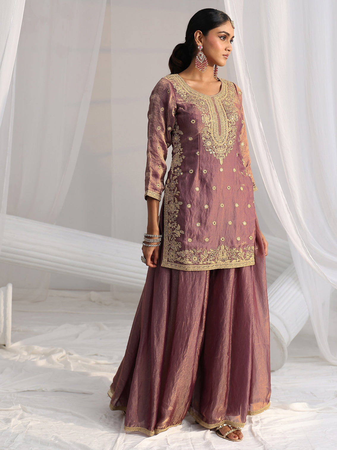 Mameraa Art Dusty Mauve Mirror Work Embroidered Palazzo Suit Set