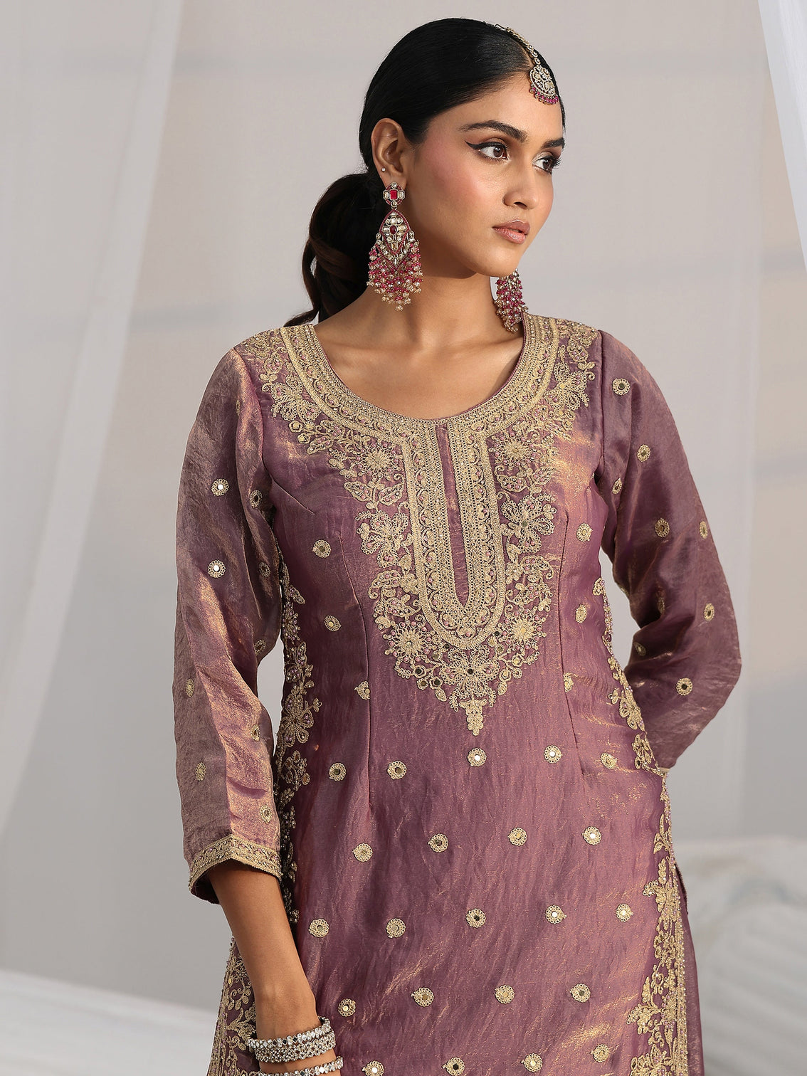 Mameraa Art Dusty Mauve Mirror Work Embroidered Palazzo Suit Set