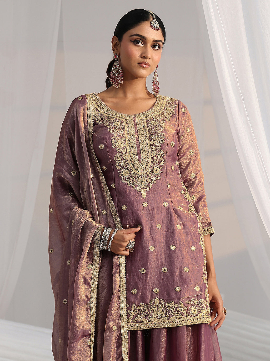 Mameraa Art Dusty Mauve Mirror Work Embroidered Palazzo Suit Set