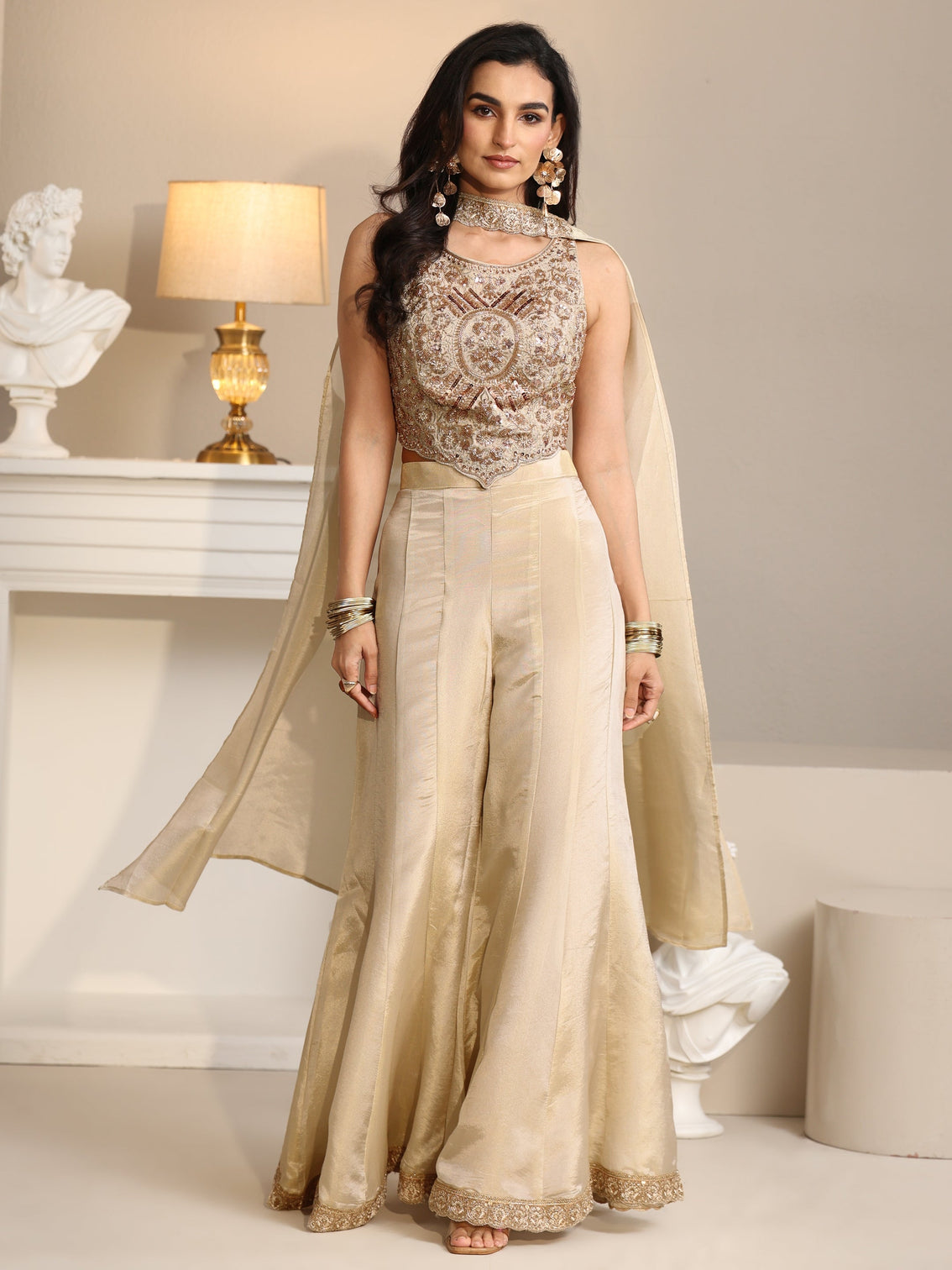 Mameraa Art Beige Embellished Tissue Crop Top and Palazzo Suit Set