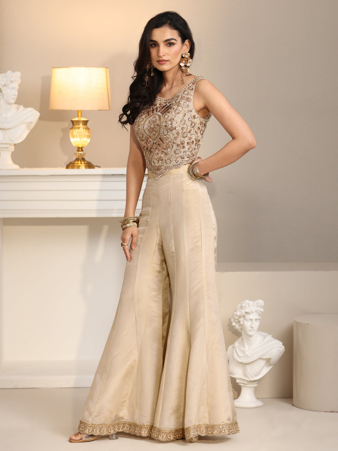 Mameraa Art Beige Embellished Tissue Crop Top and Palazzo Suit Set