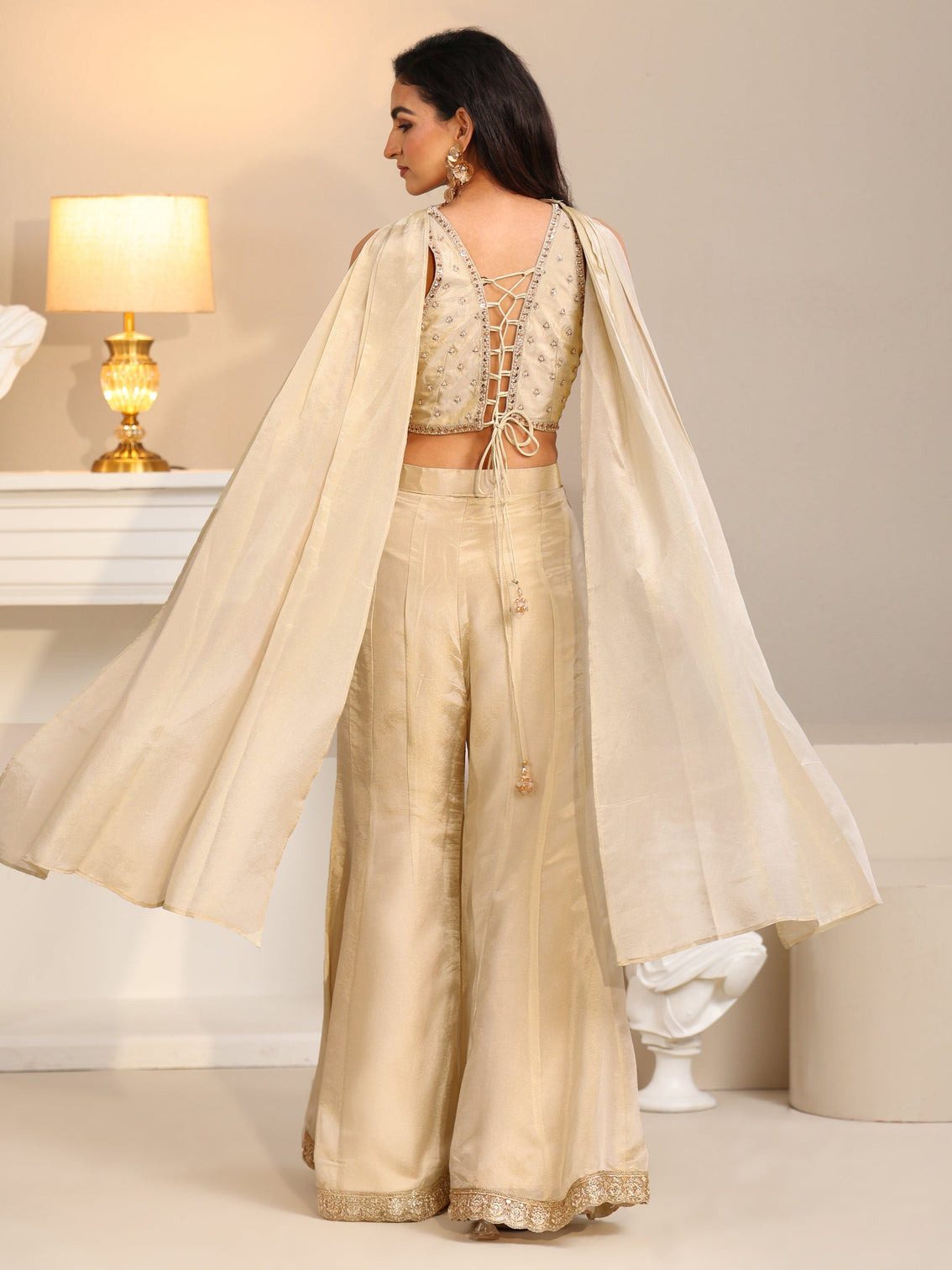 Mameraa Art Beige Embellished Tissue Crop Top and Palazzo Suit Set