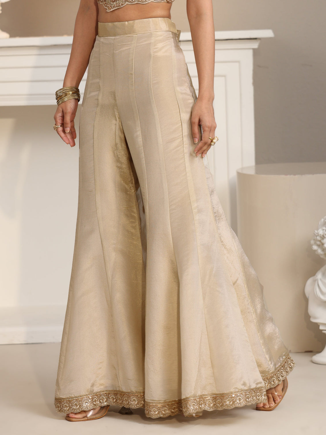 Mameraa Art Beige Embellished Tissue Crop Top and Palazzo Suit Set