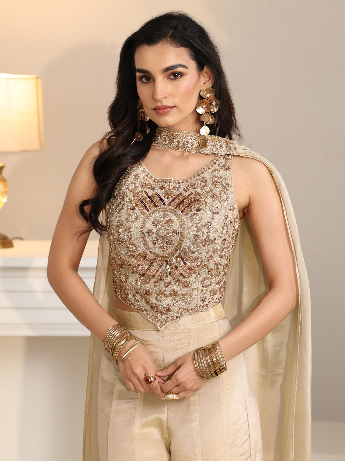 Mameraa Art Beige Embellished Tissue Crop Top and Palazzo Suit Set