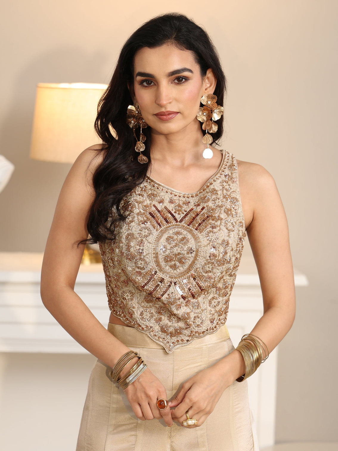 Mameraa Art Beige Embellished Tissue Crop Top and Palazzo Suit Set