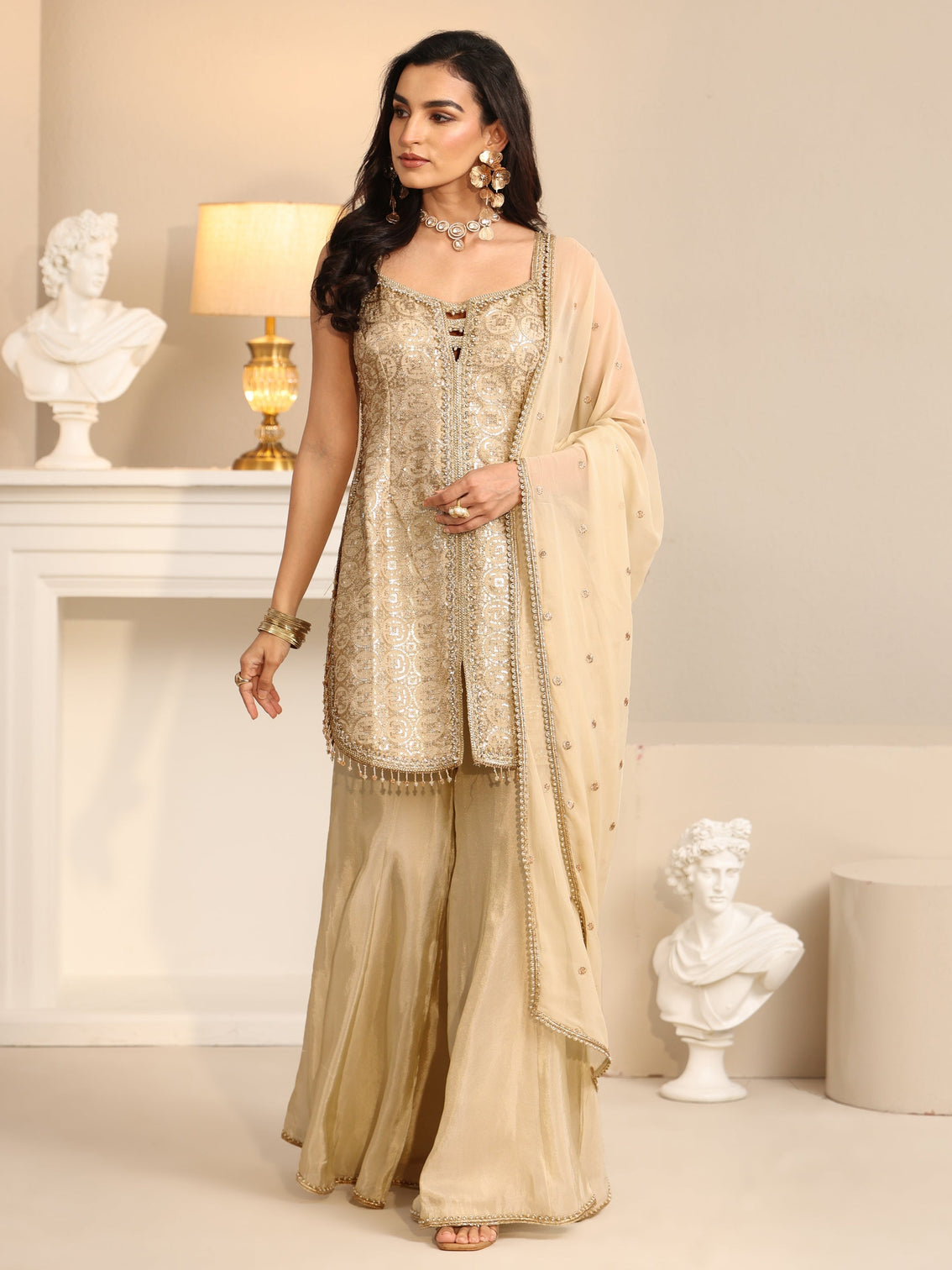 Mameraa Art Off White Embellished Strappy Tissue Palazzo Suit Set
