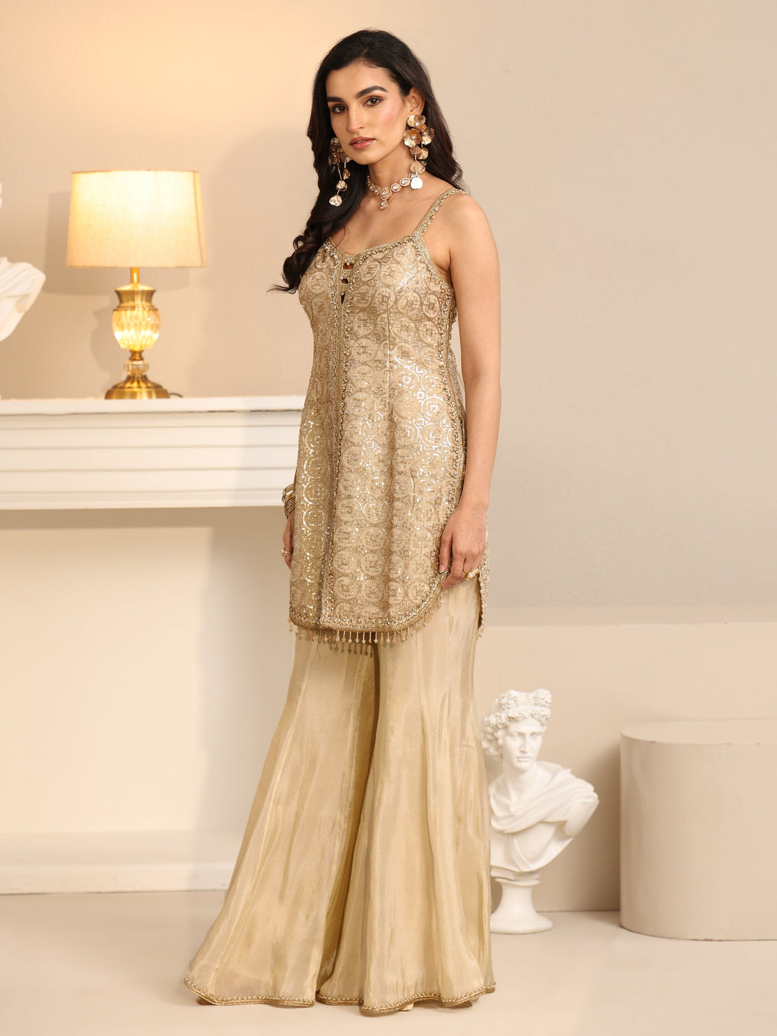 Mameraa Art Off White Embellished Strappy Tissue Palazzo Suit Set