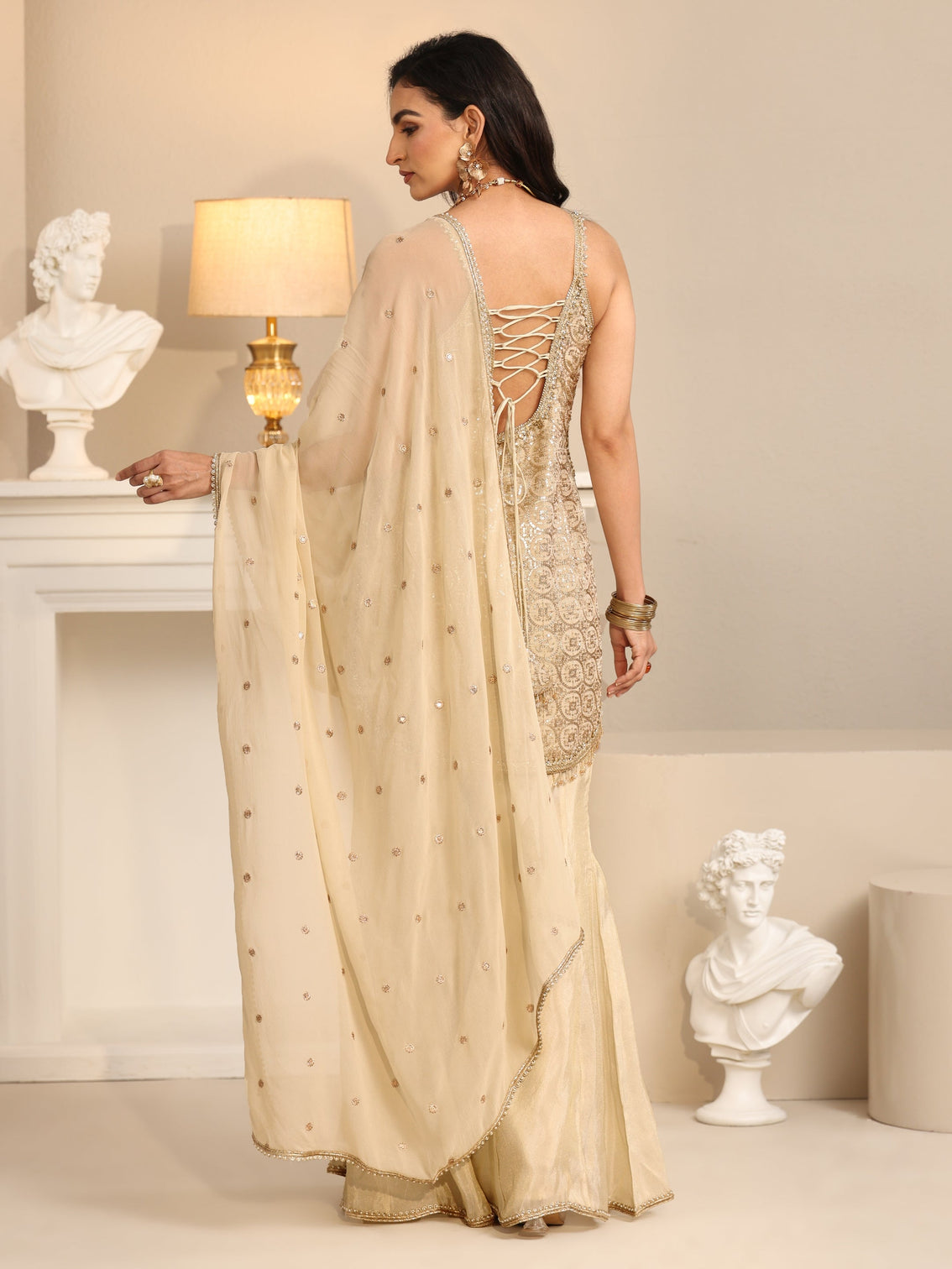 Mameraa Art Off White Embellished Strappy Tissue Palazzo Suit Set