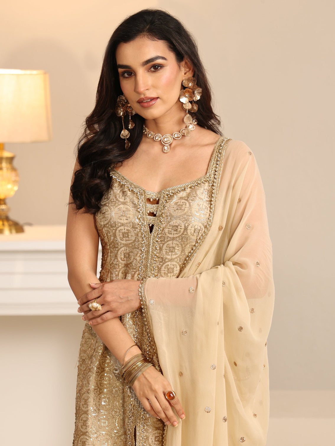 Mameraa Art Off White Embellished Strappy Tissue Palazzo Suit Set