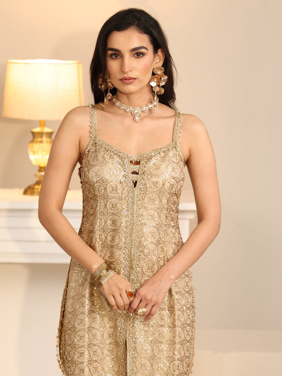 Mameraa Art Off White Embellished Strappy Tissue Palazzo Suit Set