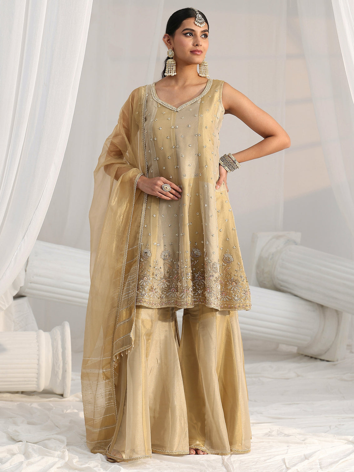 Mameraa Art Golden Floral Embellished Sleeveless Tissue Sharara Suit Set