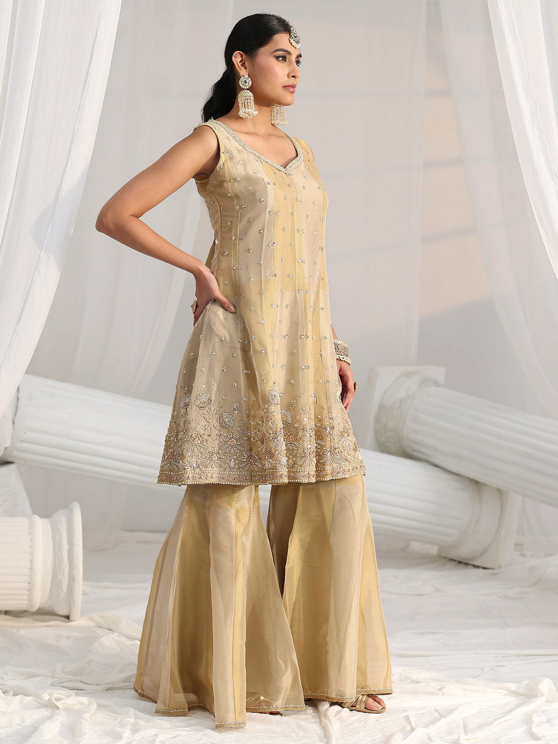 Mameraa Art Golden Floral Embellished Sleeveless Tissue Sharara Suit Set