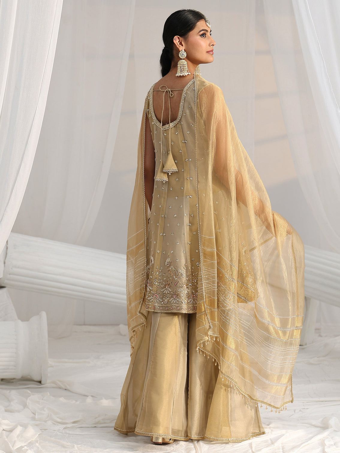 Mameraa Art Golden Floral Embellished Sleeveless Tissue Sharara Suit Set