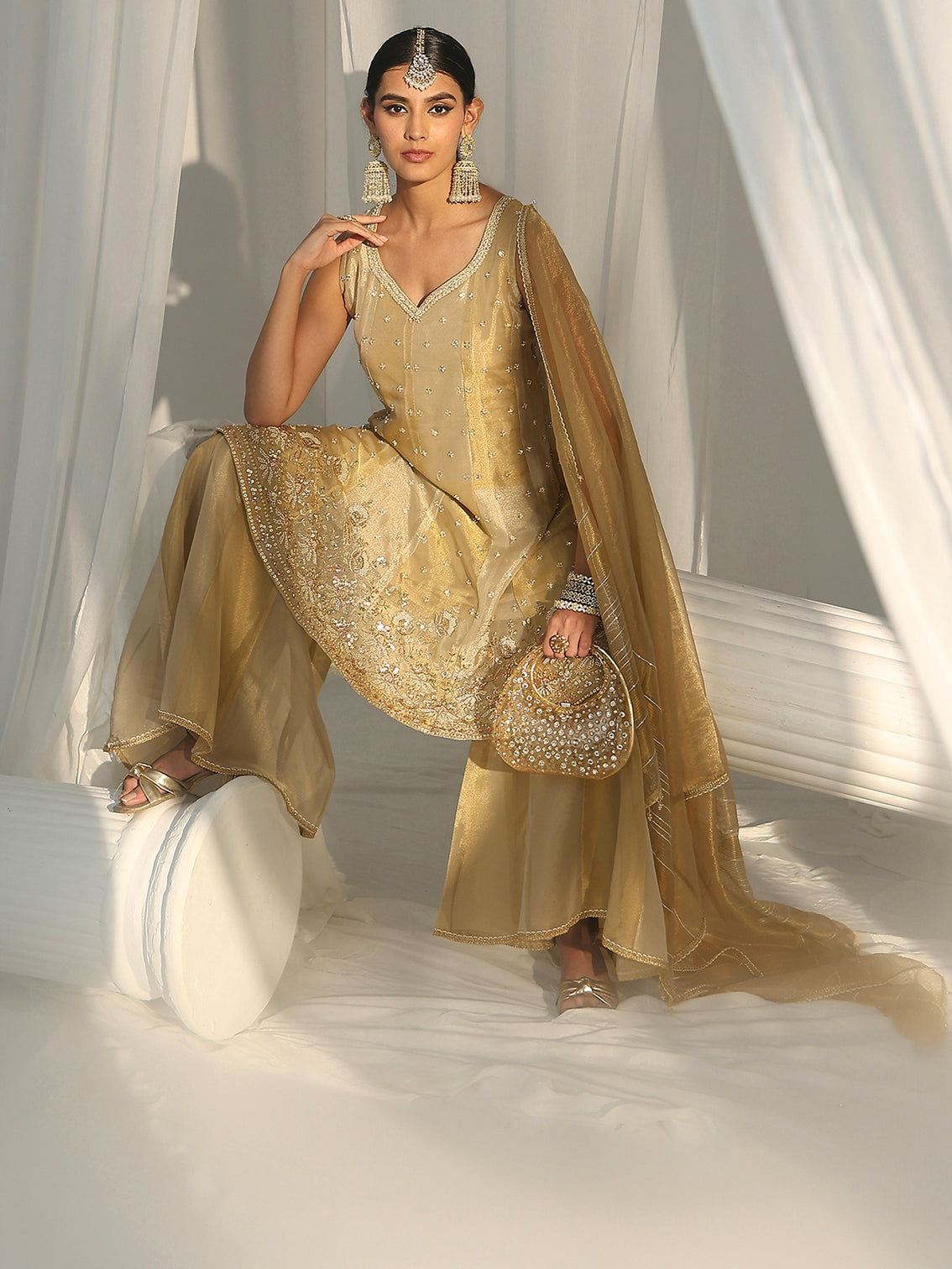 Mameraa Art Golden Floral Embellished Sleeveless Tissue Sharara Suit Set