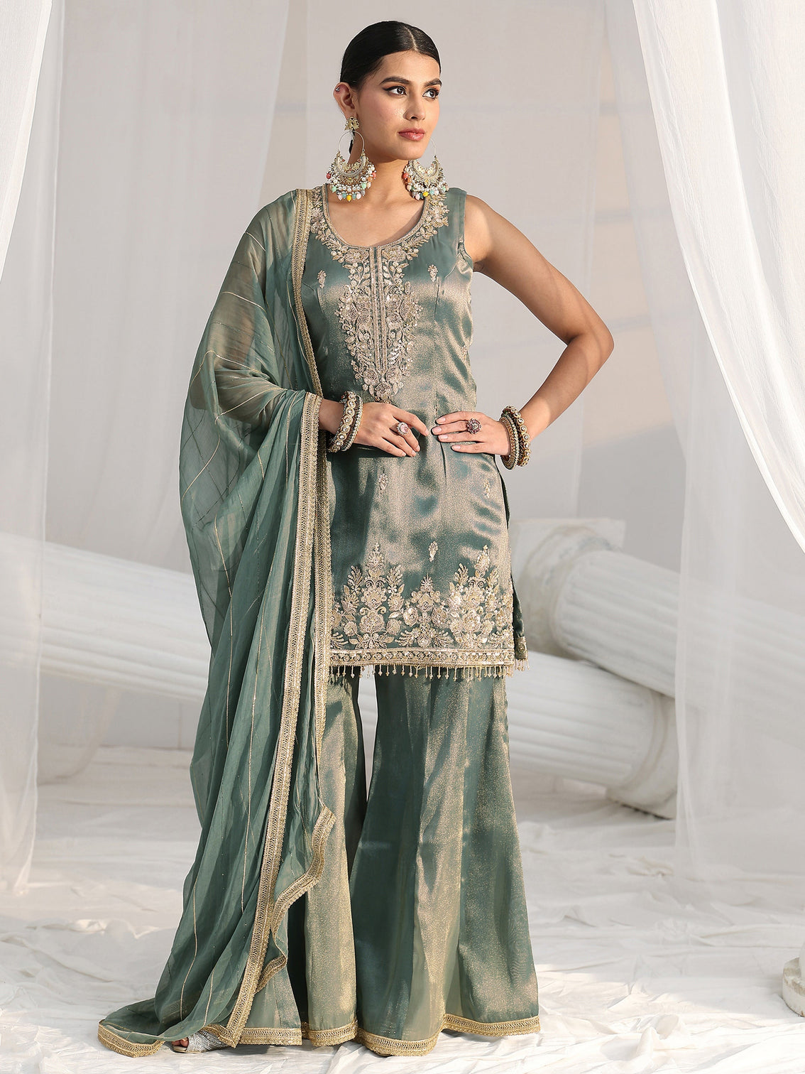Mameraa Art Blue Floral Embellished Sleeveless Tissue Sharara Suit Set