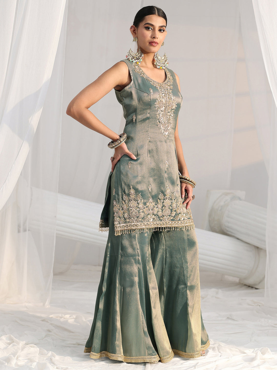 Mameraa Art Blue Floral Embellished Sleeveless Tissue Sharara Suit Set
