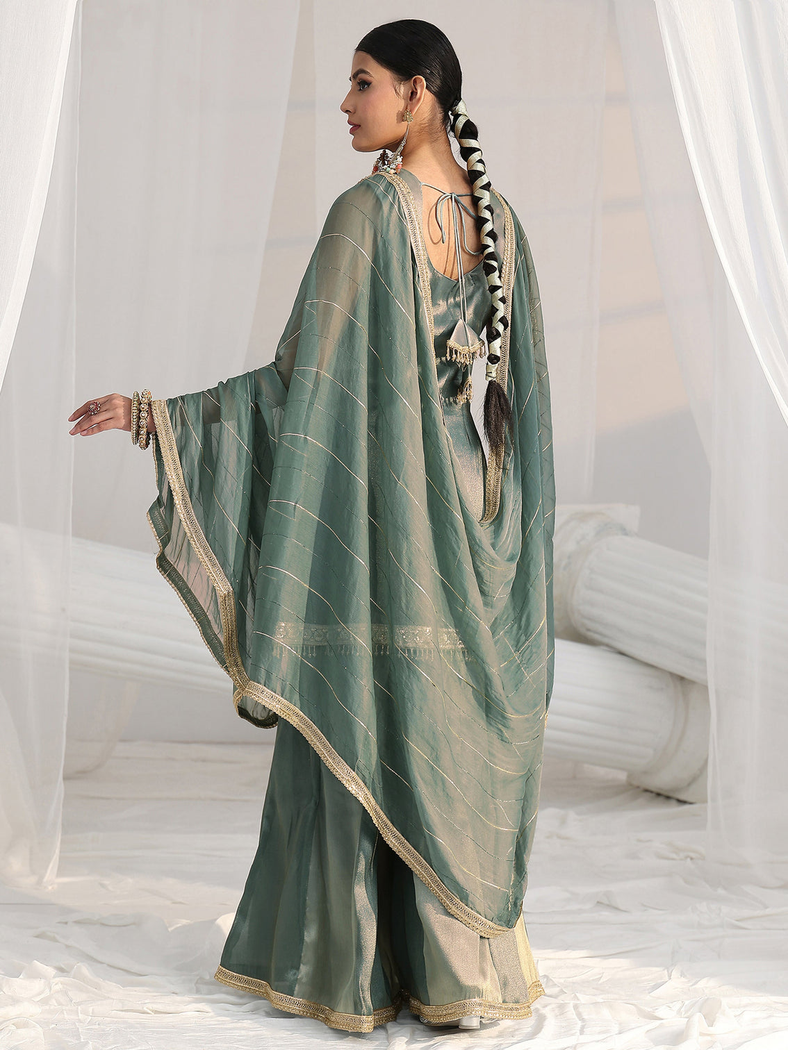 Mameraa Art Blue Floral Embellished Sleeveless Tissue Sharara Suit Set