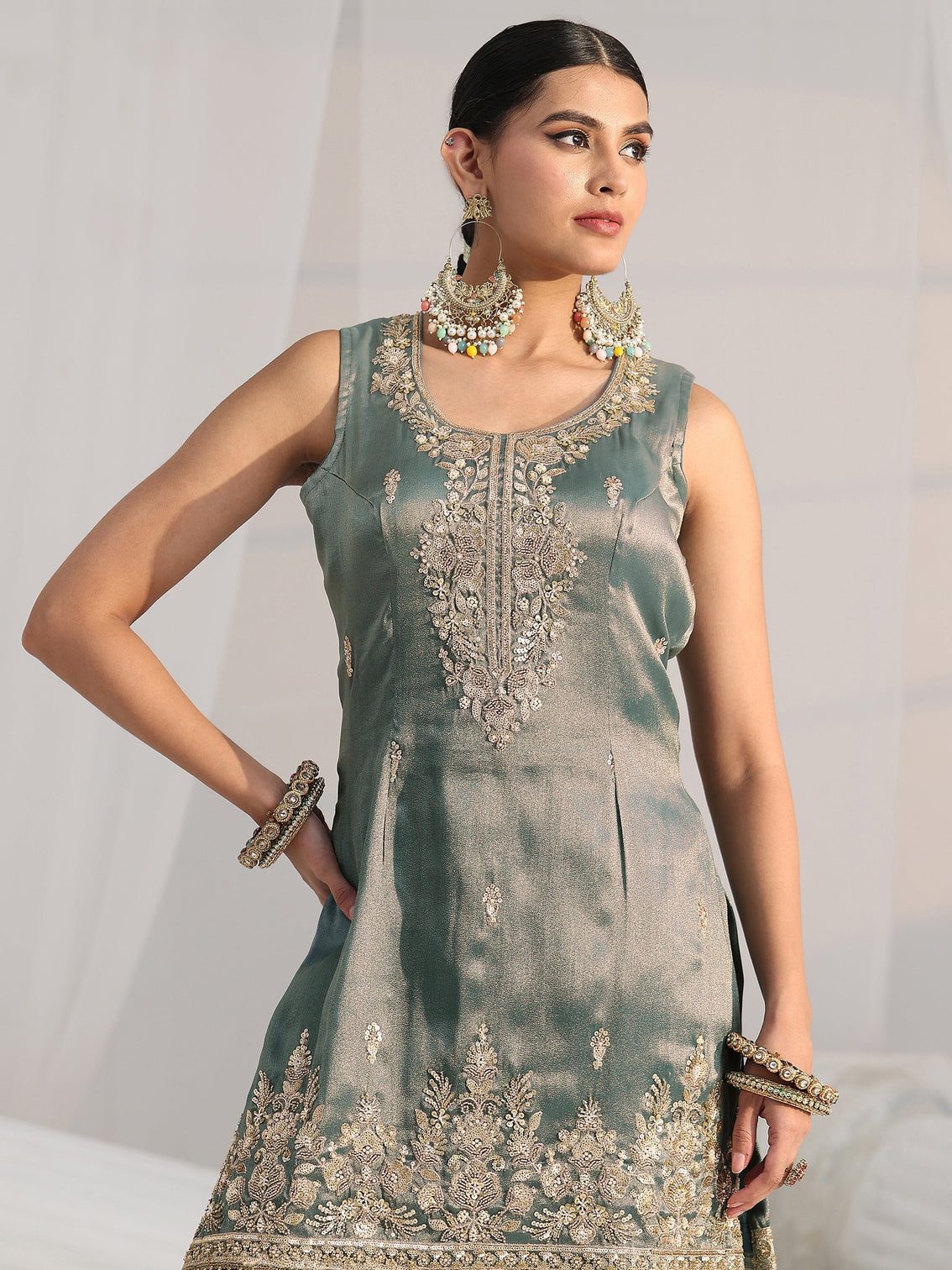 Mameraa Art Blue Floral Embellished Sleeveless Tissue Sharara Suit Set
