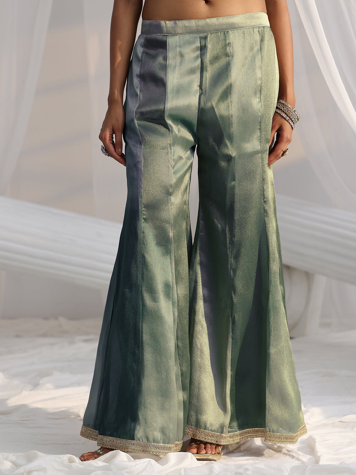 Mameraa Art Blue Floral Embellished Sleeveless Tissue Sharara Suit Set