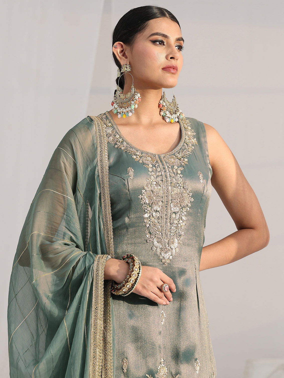 Mameraa Art Blue Floral Embellished Sleeveless Tissue Sharara Suit Set