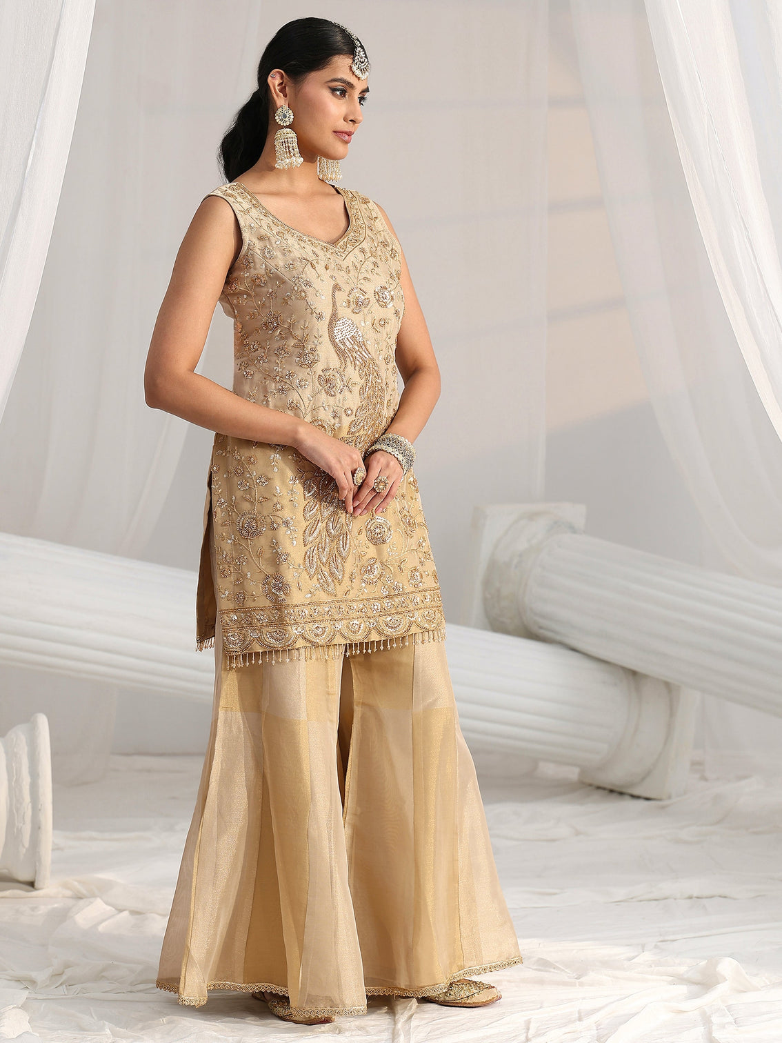 Mameraa Art Golden Floral Embellished Sleeveless Tissue Sharara Suit Set