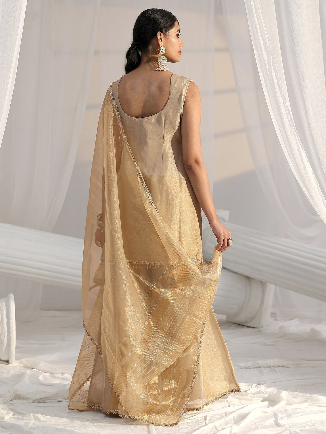 Mameraa Art Golden Floral Embellished Sleeveless Tissue Sharara Suit Set