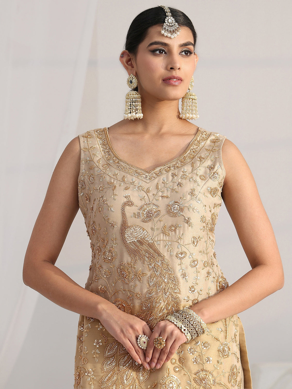 Mameraa Art Golden Floral Embellished Sleeveless Tissue Sharara Suit Set