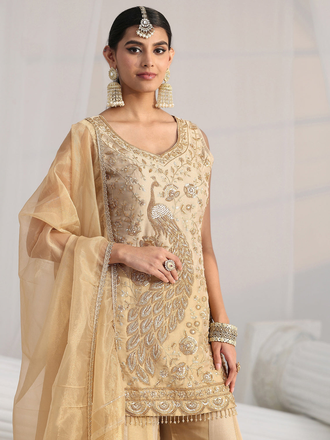 Mameraa Art Golden Floral Embellished Sleeveless Tissue Sharara Suit Set