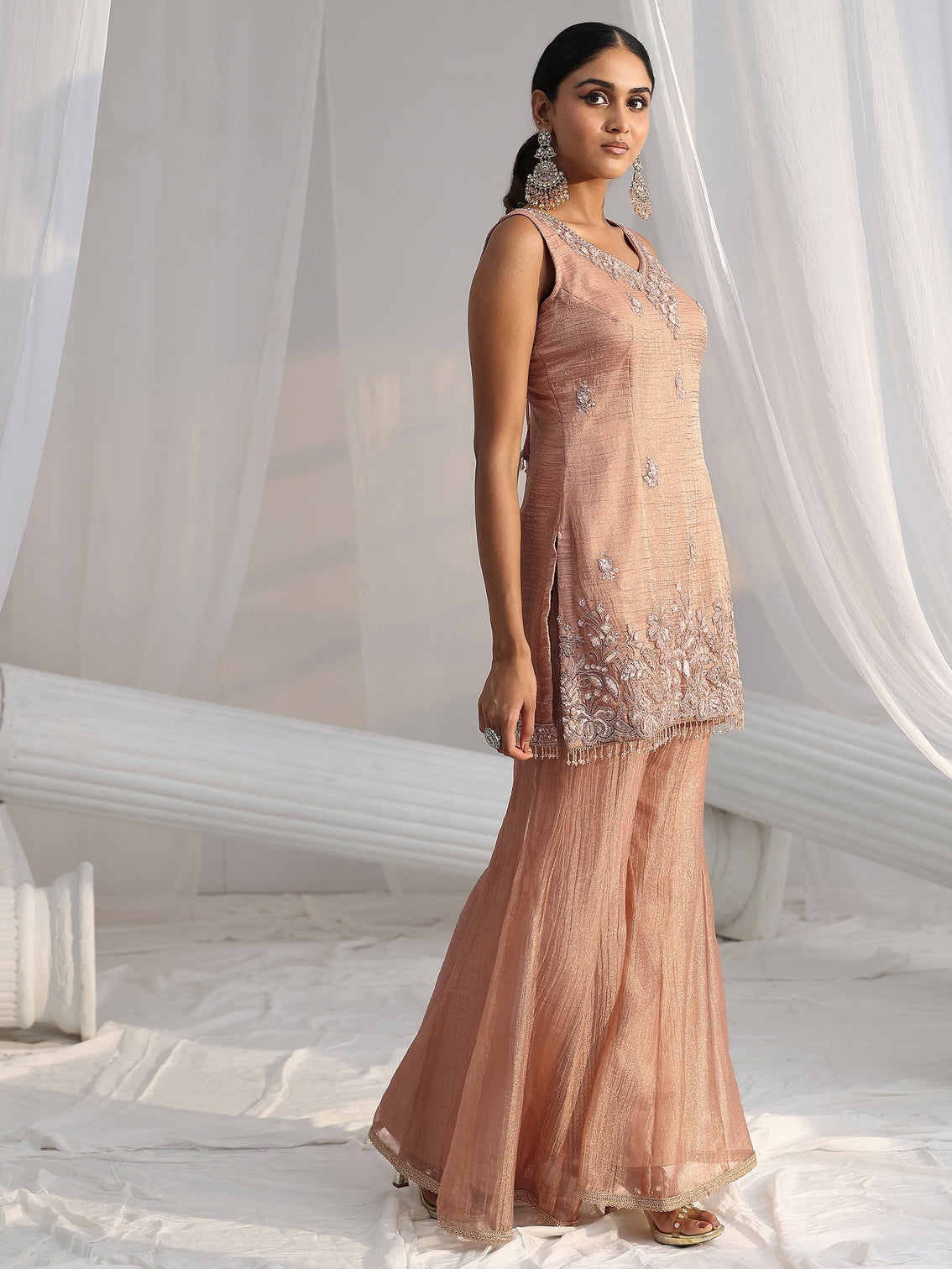 Mameraa Art Peach Floral Embellished Sleeveless Tissue Sharara Suit Set