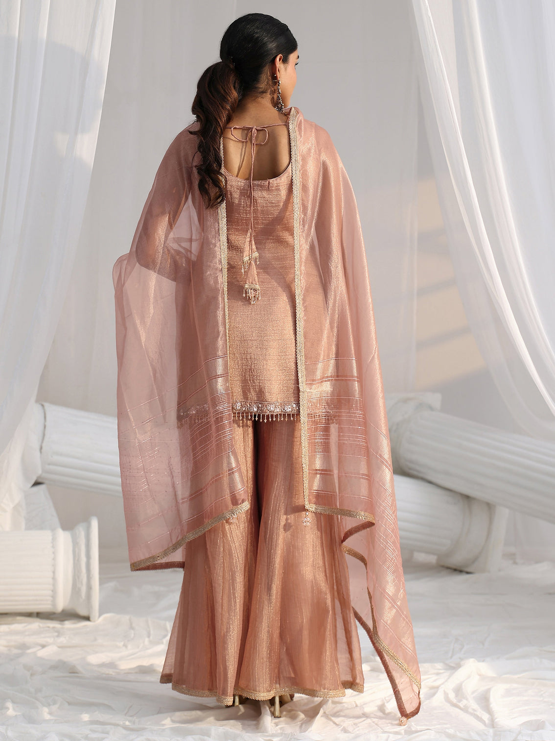 Mameraa Art Peach Floral Embellished Sleeveless Tissue Sharara Suit Set