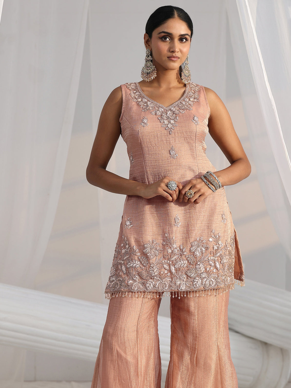 Mameraa Art Peach Floral Embellished Sleeveless Tissue Sharara Suit Set