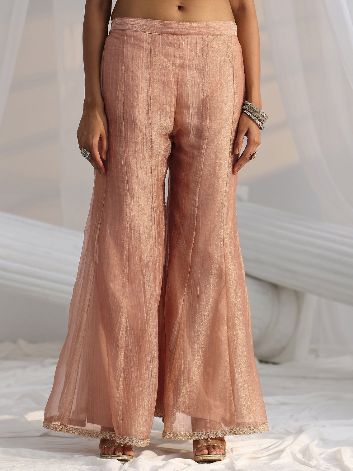 Mameraa Art Peach Floral Embellished Sleeveless Tissue Sharara Suit Set