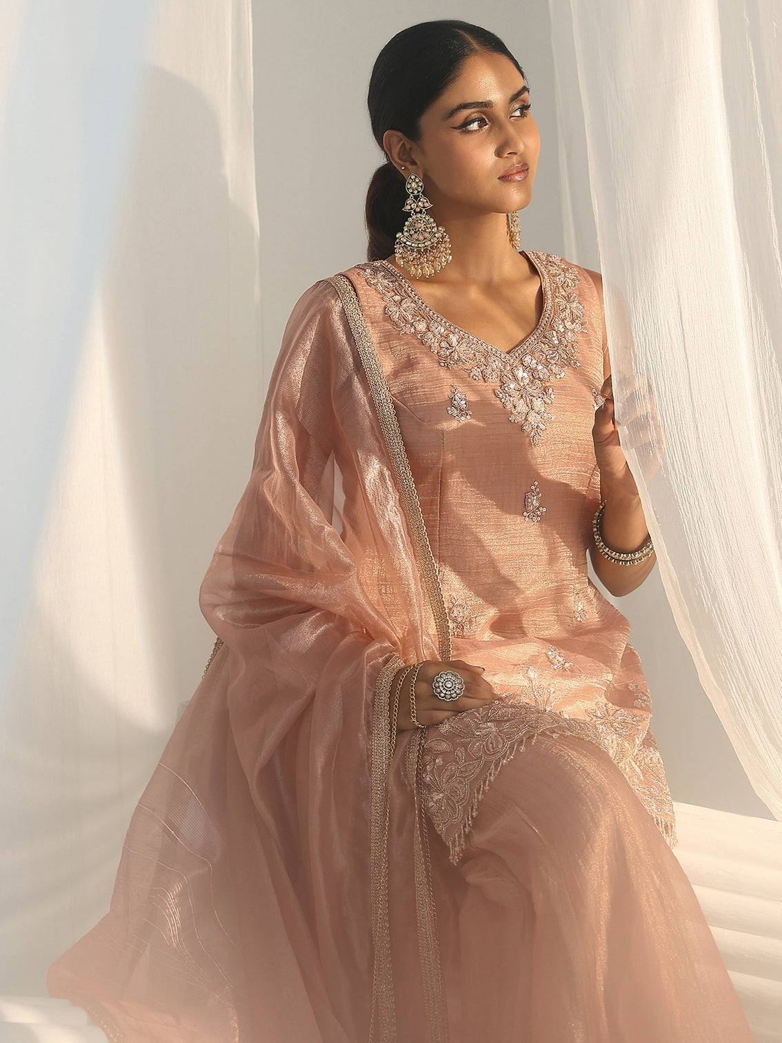 Mameraa Art Peach Floral Embellished Sleeveless Tissue Sharara Suit Set