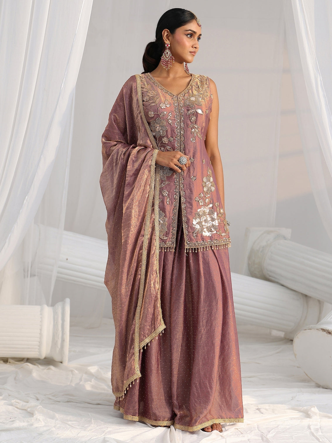 Mameraa Art Mauve Embellished Sleeveless Silk Blend Palazzo Suit Set