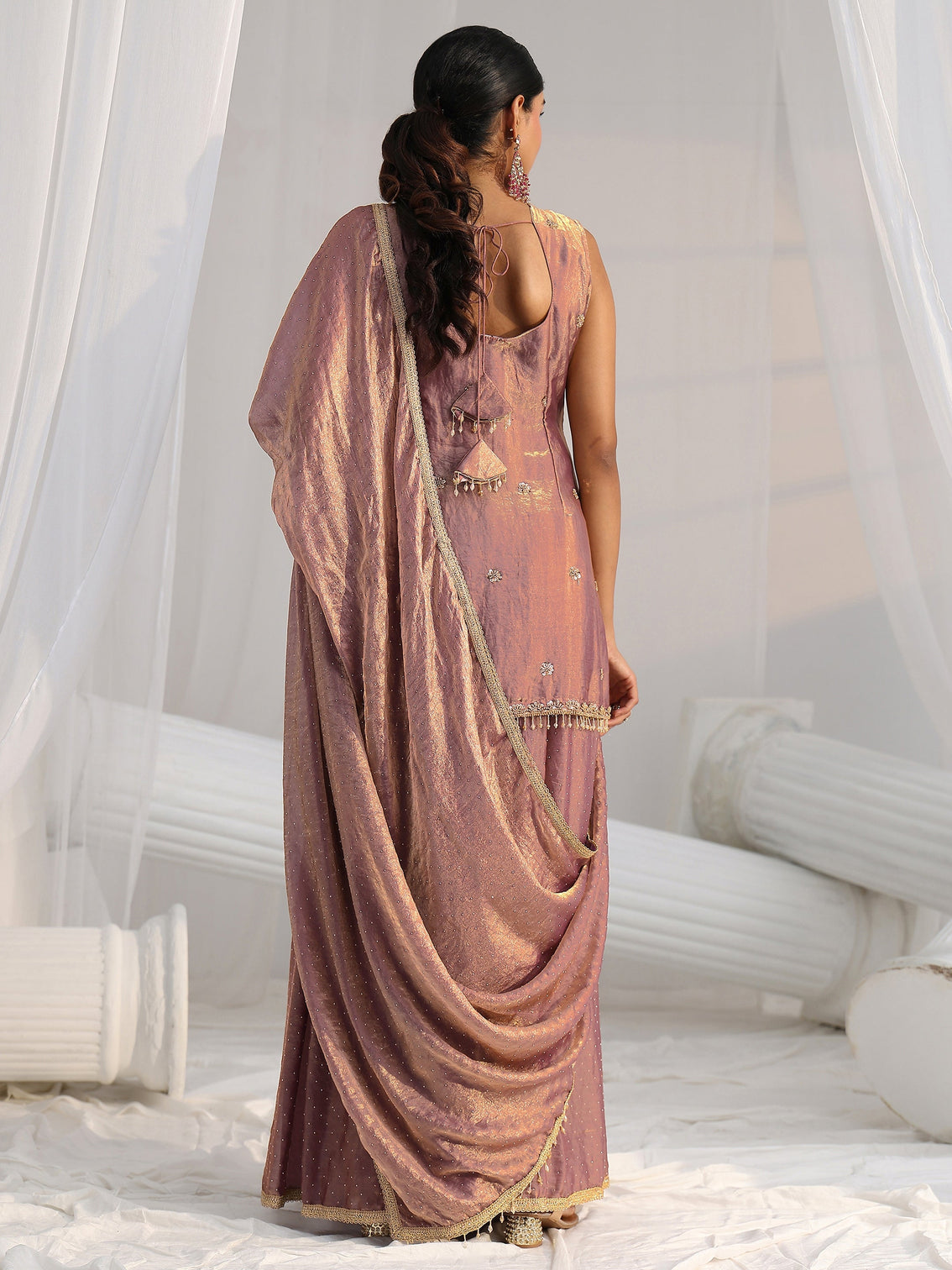 Mameraa Art Mauve Embellished Sleeveless Silk Blend Palazzo Suit Set