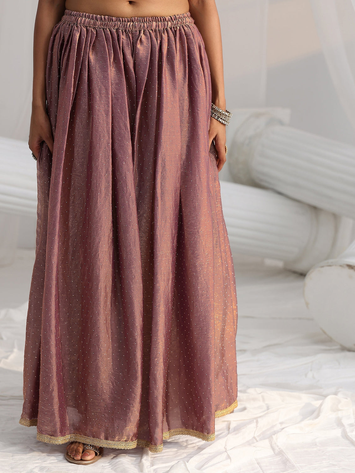 Mameraa Art Mauve Embellished Sleeveless Silk Blend Palazzo Suit Set