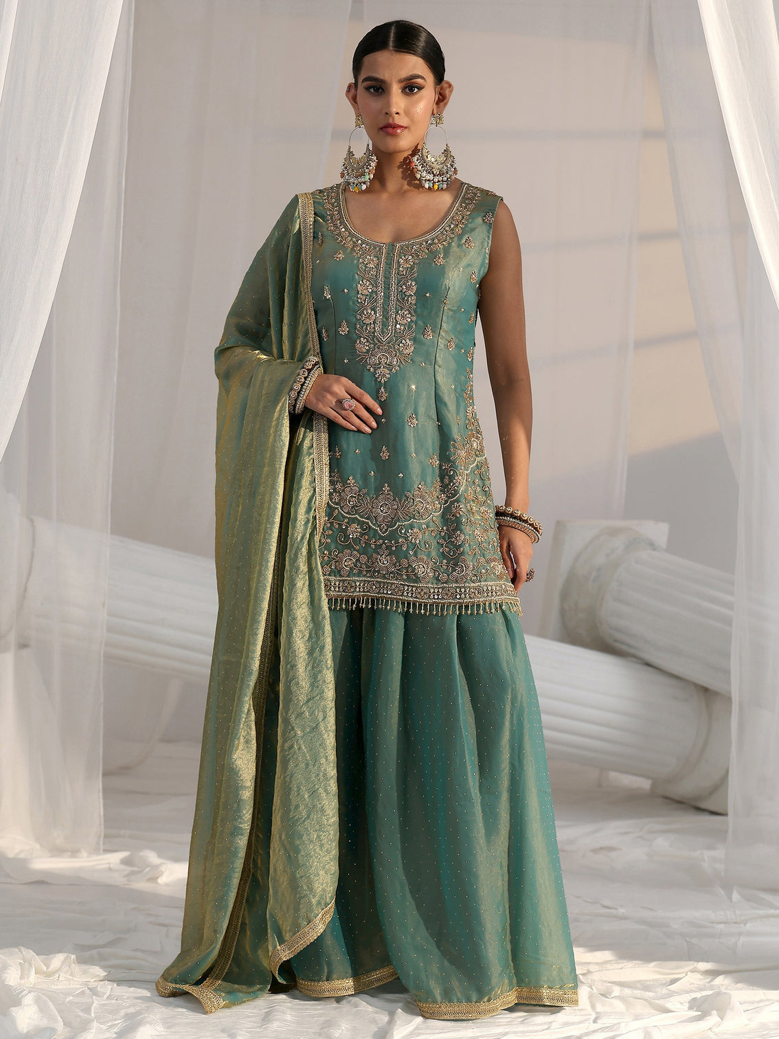 Mameraa Art Blue Embellished Sleeveless Silk Blend Palazzo Suit Set