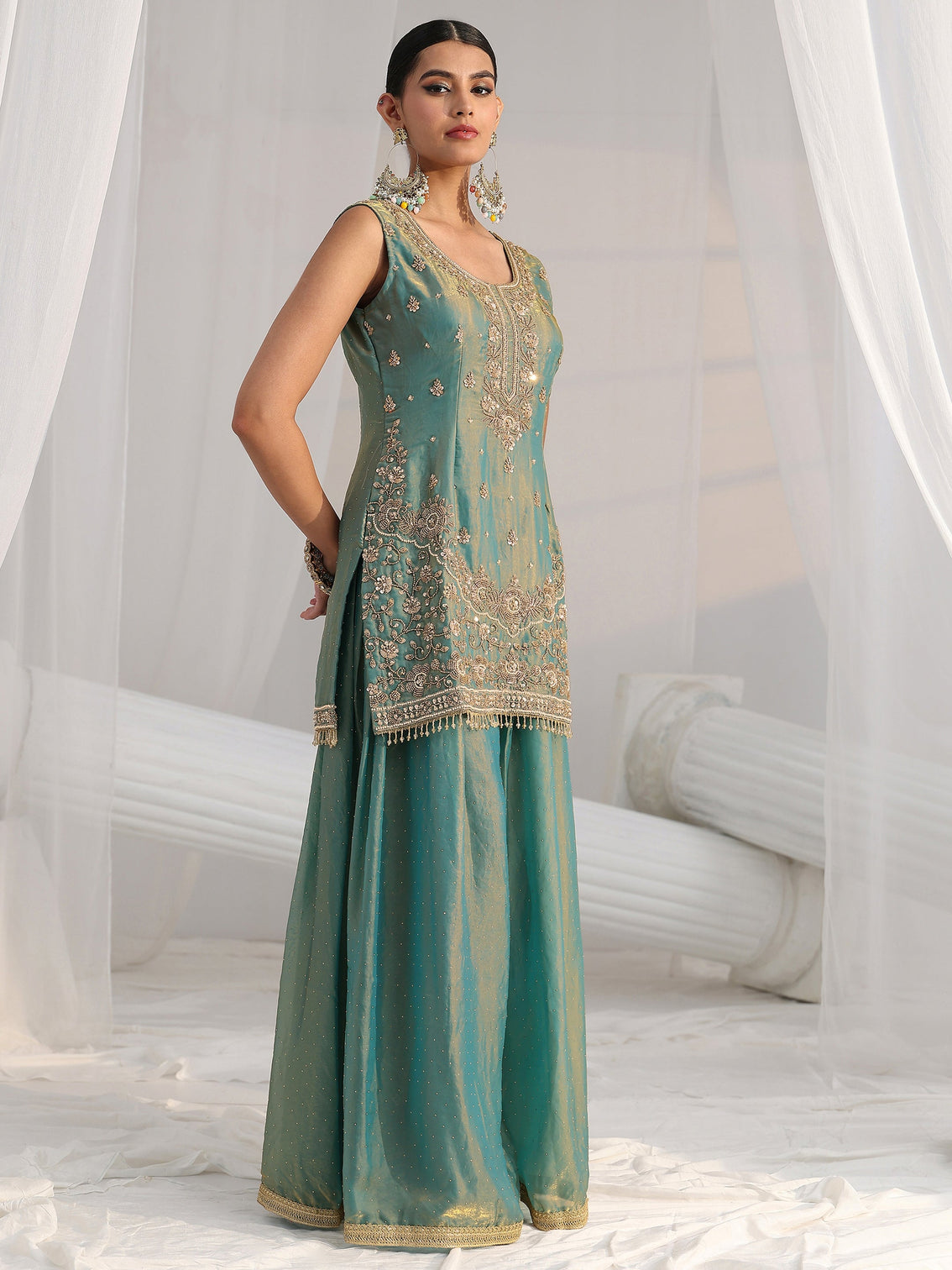 Mameraa Art Blue Embellished Sleeveless Silk Blend Palazzo Suit Set