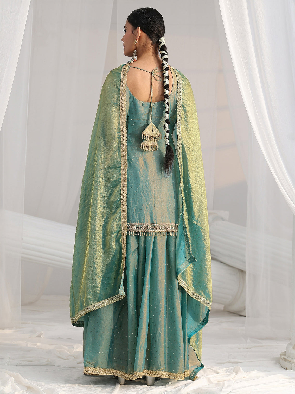 Mameraa Art Blue Embellished Sleeveless Silk Blend Palazzo Suit Set
