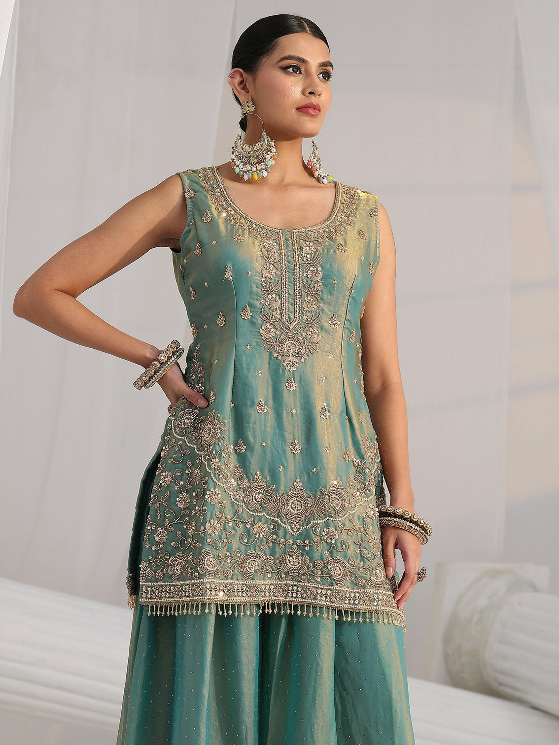 Mameraa Art Blue Embellished Sleeveless Silk Blend Palazzo Suit Set