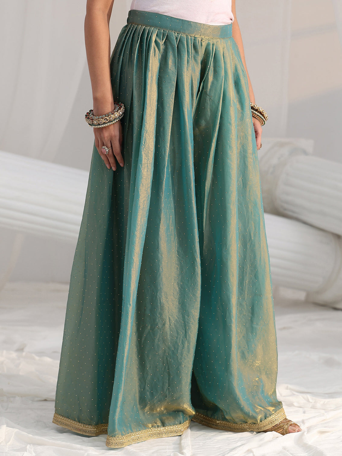 Mameraa Art Blue Embellished Sleeveless Silk Blend Palazzo Suit Set