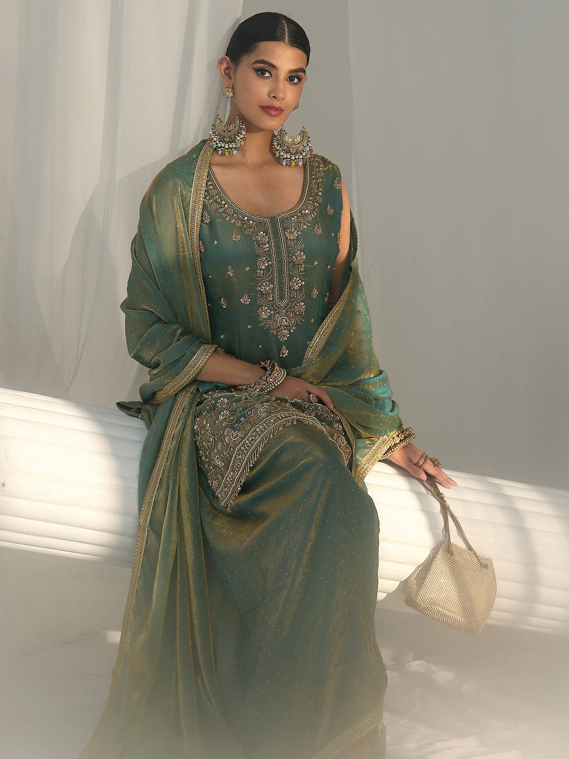 Mameraa Art Blue Embellished Sleeveless Silk Blend Palazzo Suit Set