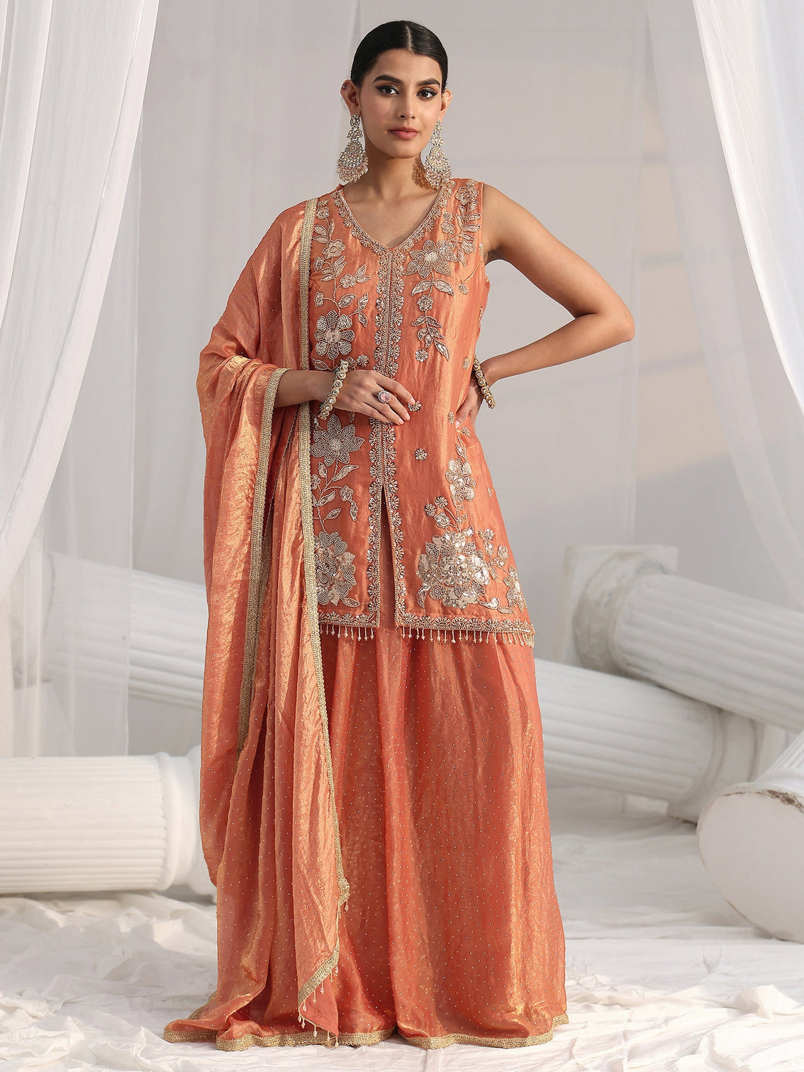 Mameraa Art Orange Floral Embellished Sleeveless Silk Blend Palazzo Suit Set