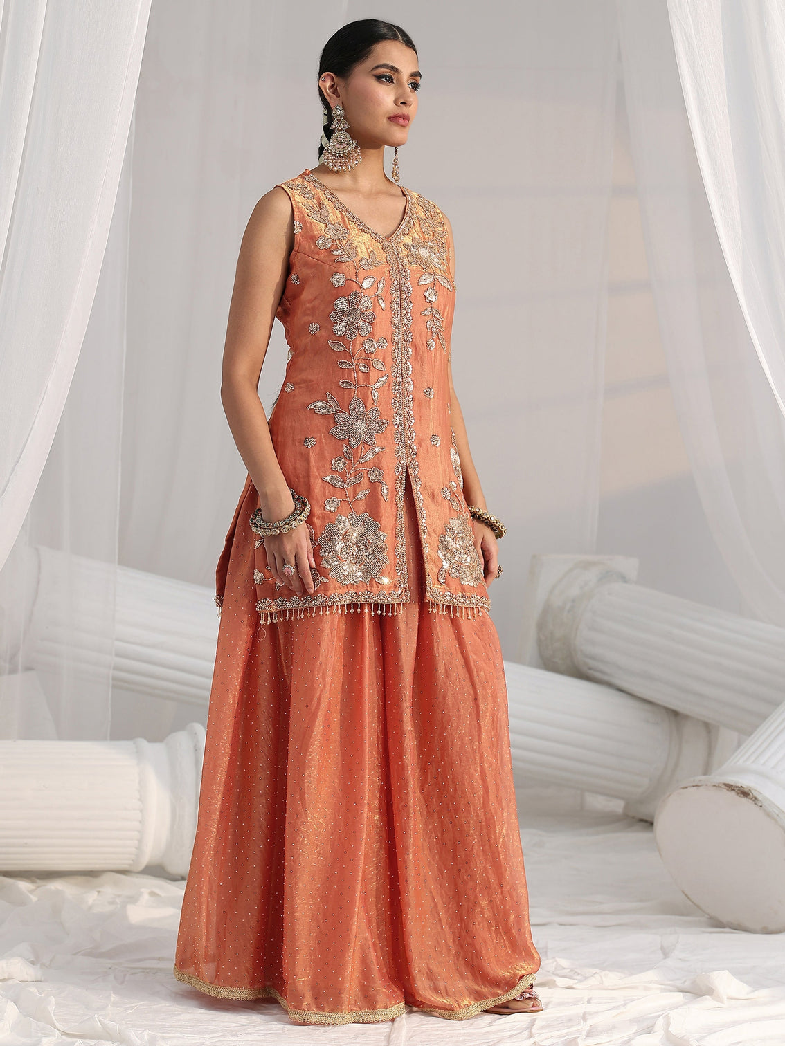 Mameraa Art Orange Floral Embellished Sleeveless Silk Blend Palazzo Suit Set