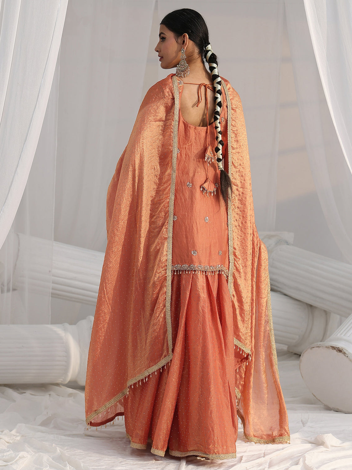 Mameraa Art Orange Floral Embellished Sleeveless Silk Blend Palazzo Suit Set