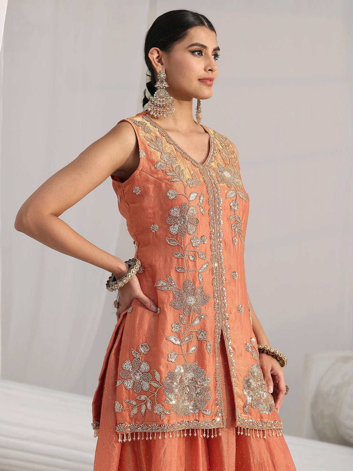 Mameraa Art Orange Floral Embellished Sleeveless Silk Blend Palazzo Suit Set