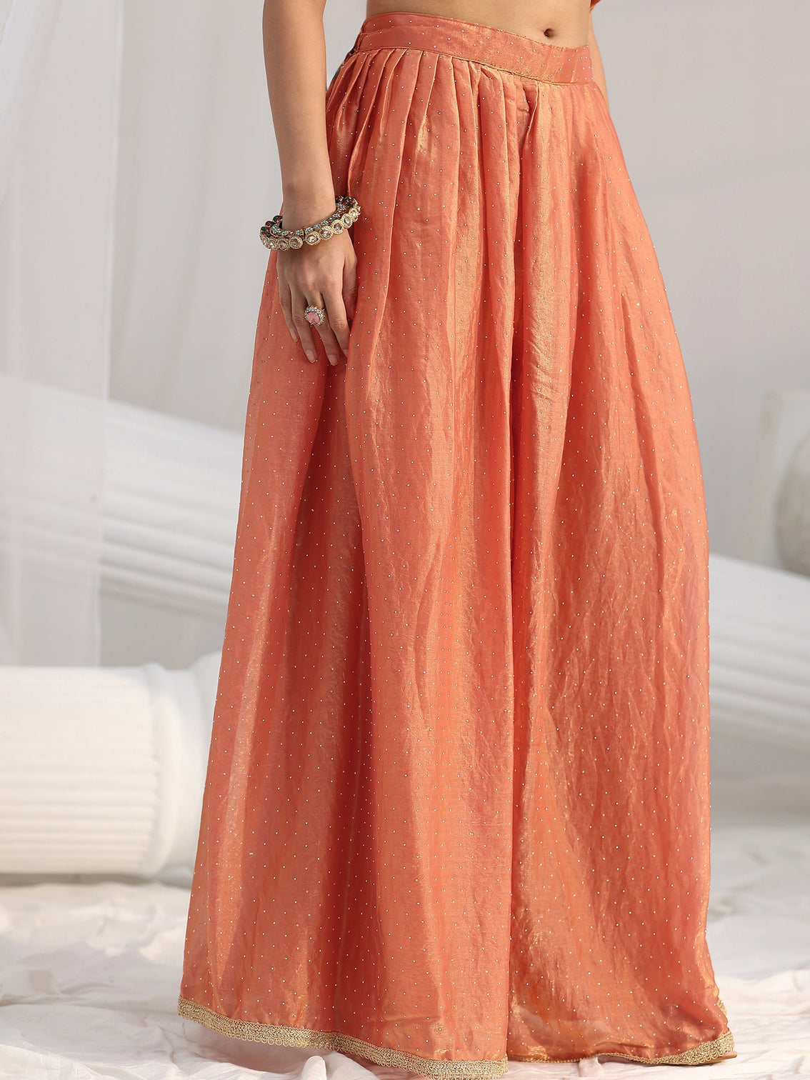 Mameraa Art Orange Floral Embellished Sleeveless Silk Blend Palazzo Suit Set