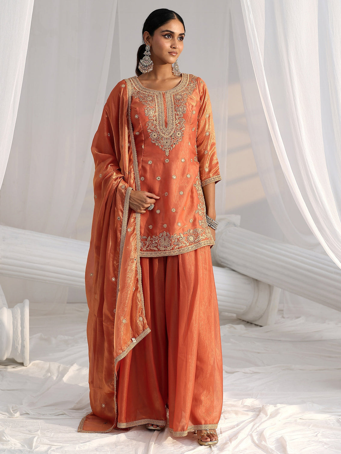 Mameraa Art Orange Embellished Silk Blend Palazzo Suit Set